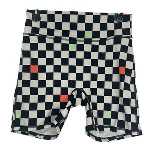Fabletics Black and White Checkered Shorts with Red and Green Highlights